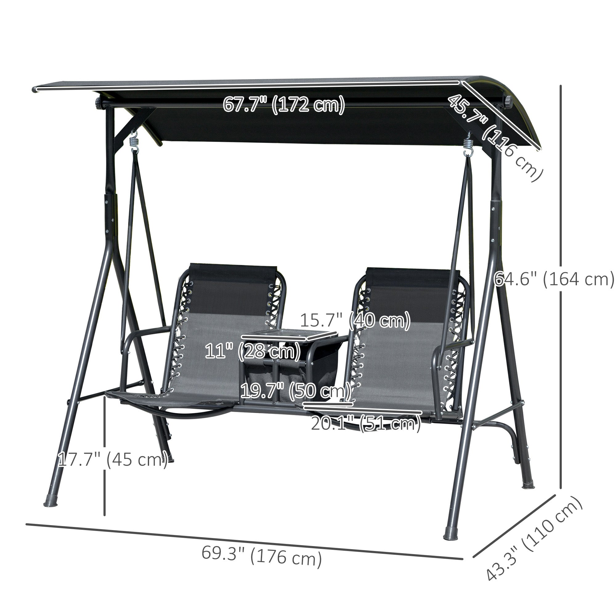 Outsunny 2 Person Covered Porch Swing Patio Swing with Pivot Storage Table, Cup Holder, & Adjustable Overhead Canopy, Black
