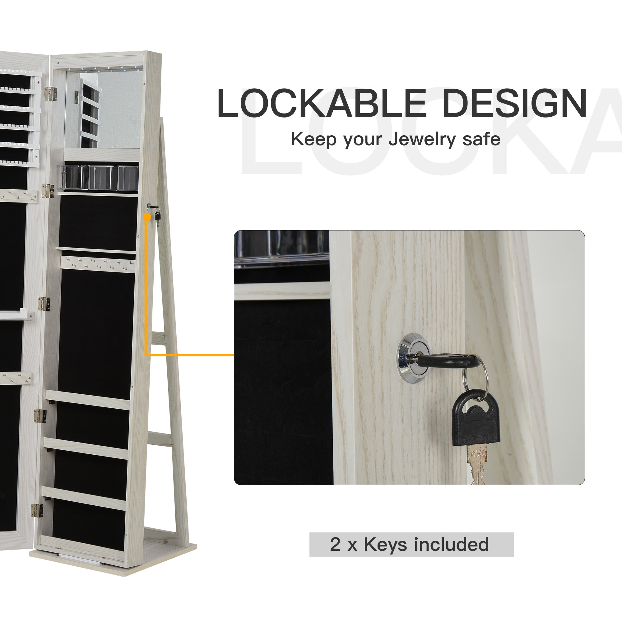 HOMCOM Lockable Jewelry Cabinet Standing Armoire Full Length Mirror LED Lights White Jewelry Organizer
