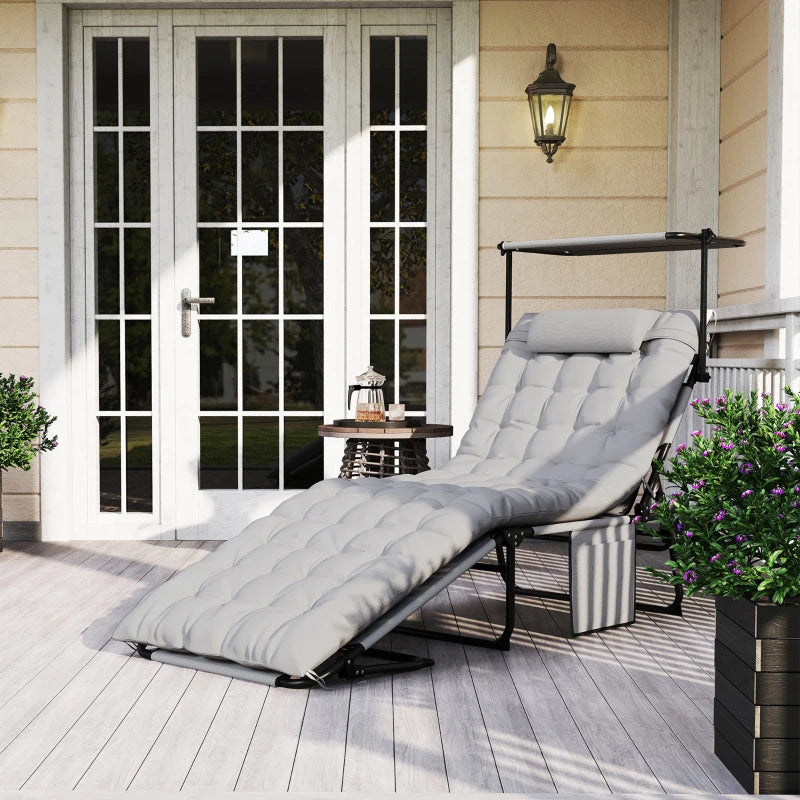 Folding Lounge Chair with Adjustable Canopy, 4-Position Outdoor Tanning Chair with Headrest, Light Grey