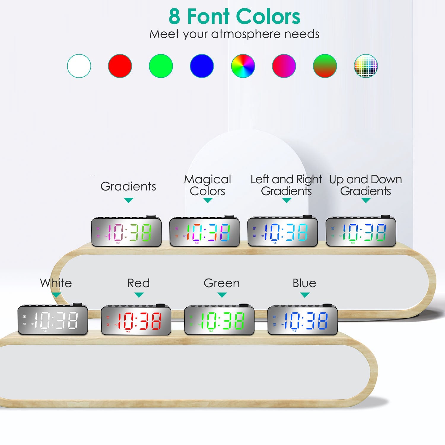 RGB Color LED Digital Alarm Clock Electric Alarm Clock with 8 Alarm Sounds 8 Font Colors 16 Adjustable Volumes 5 Dimmer Modes 3 Alarm Settings Mirror