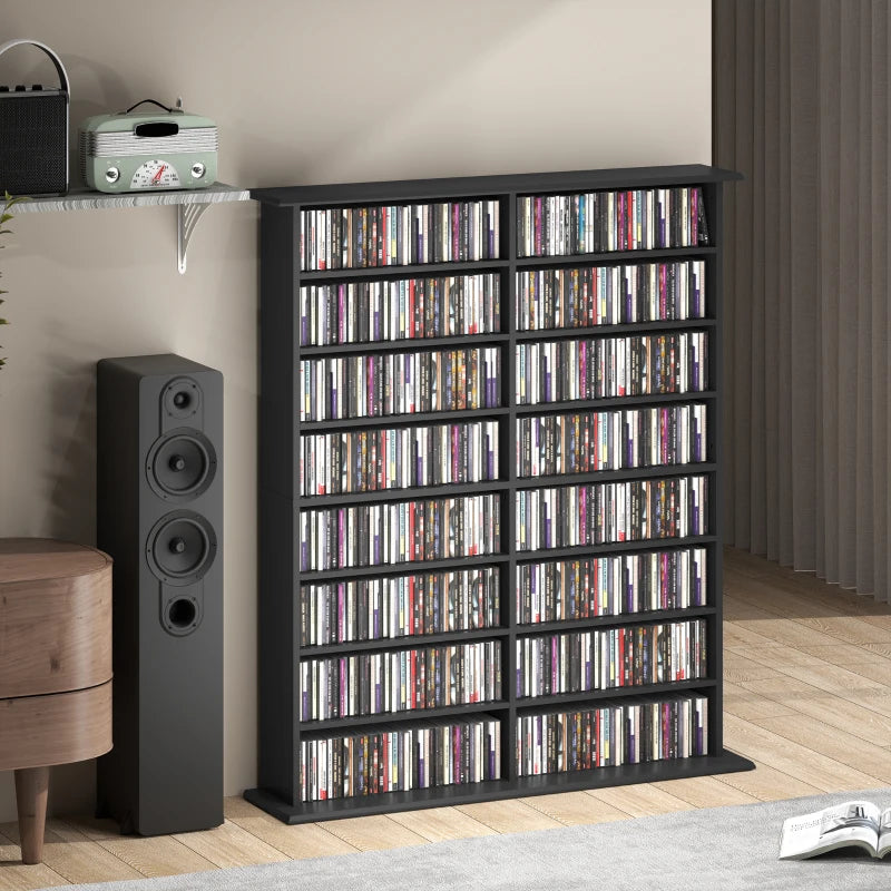 8-Tier DVD Shelf with 12 Adjustable Shelves, Double CD Shelf, Holds 720 CDs, 396 DVDs or 396 Blu-rays, Black