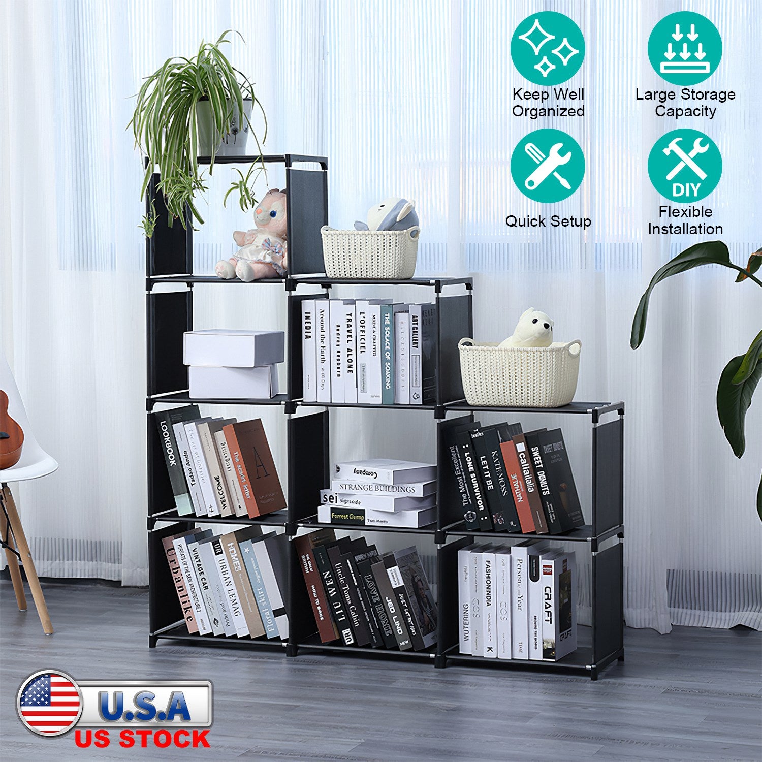 Cube Storage Organizer 9 Cubes Closet Shelves Cabinet Bookcase Non-Woven Fabric Cube Shelf for Living Room Bedroom Office