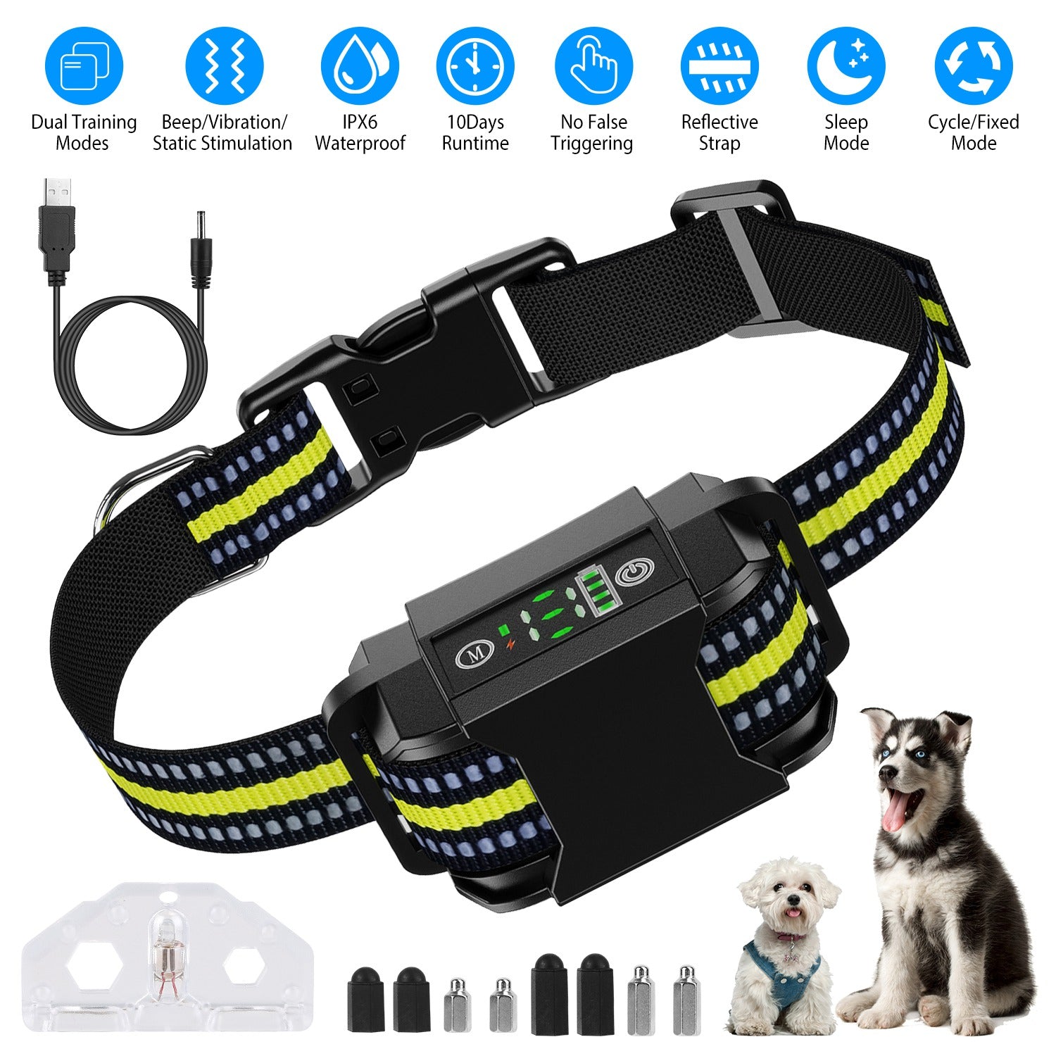 Dog Bark Collar Rechargeable Waterproof Beep Vibration Static Stimulation Bark Stopper Automatic Identification Collar with 6 Intensity Dual Modes