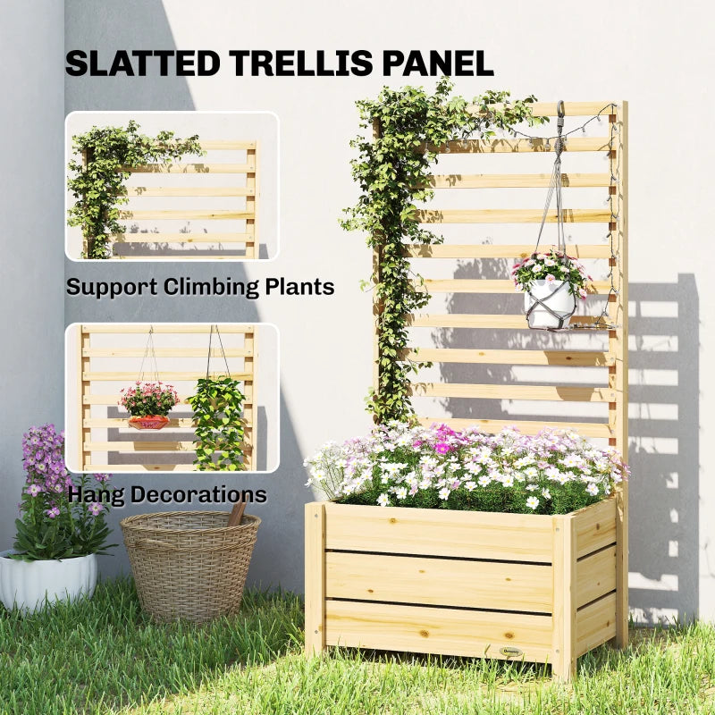 Wooden Raised Garden Bed with Trellis, Outdoor Elevated Planter Box with Drainage Hole and Bed Liner