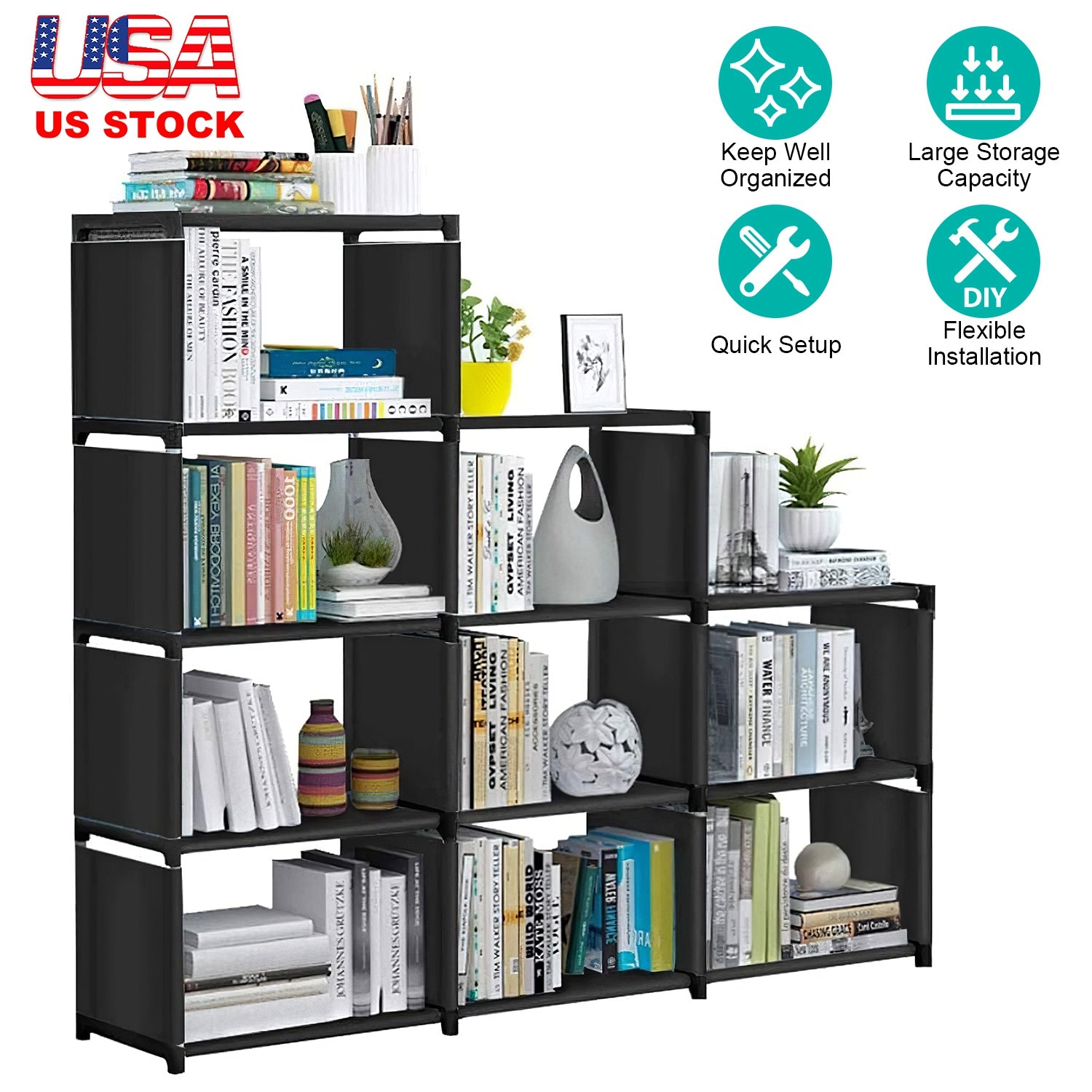 Cube Storage Organizer 9 Cubes Closet Shelves Cabinet Bookcase Non-Woven Fabric Cube Shelf for Living Room Bedroom Office
