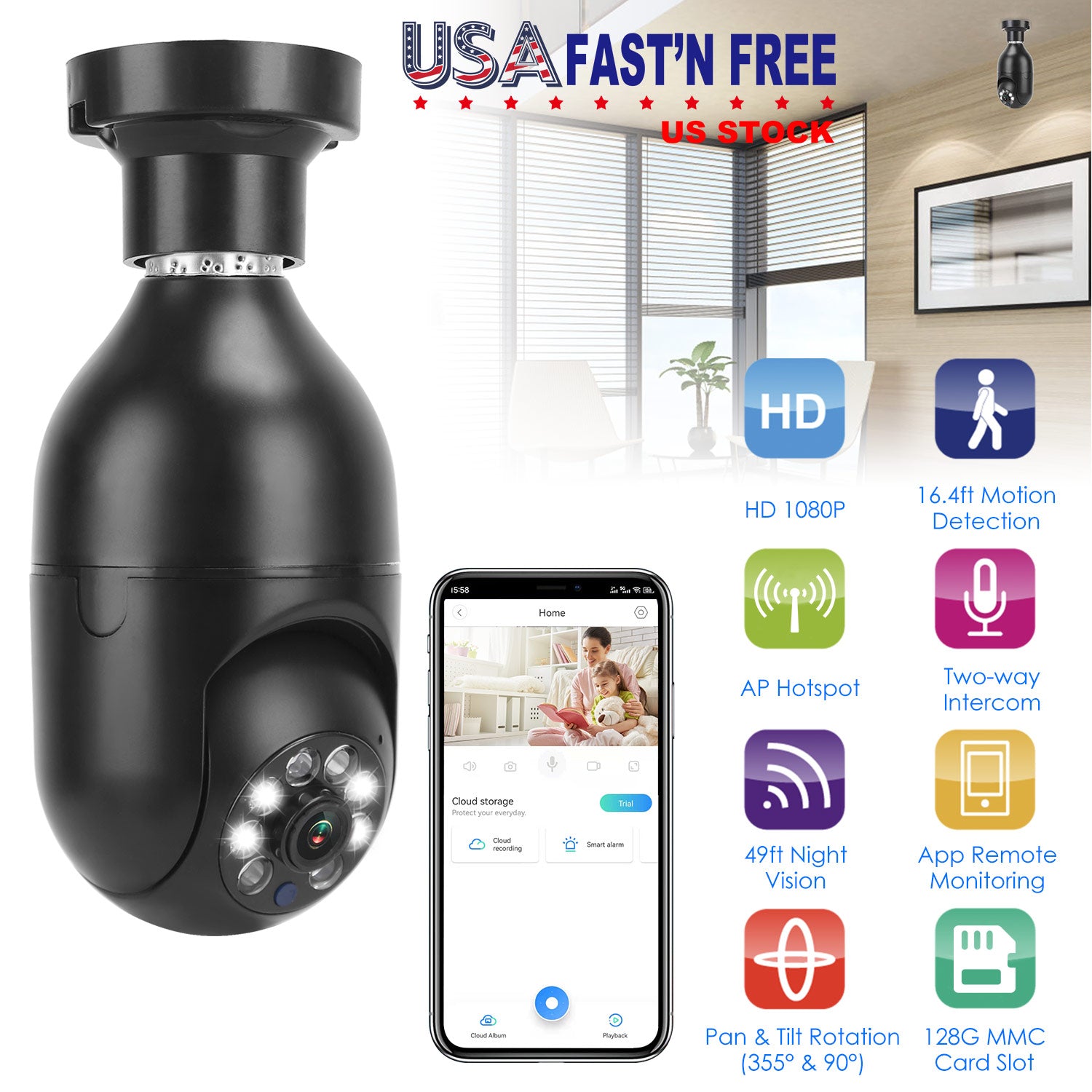 E27 WiFi Bulb Camera 1080P FHD WiFi IP Pan Tilt Security Surveillance Camera with Two-Way Audio Night Vision Motion Detection Function APP Control