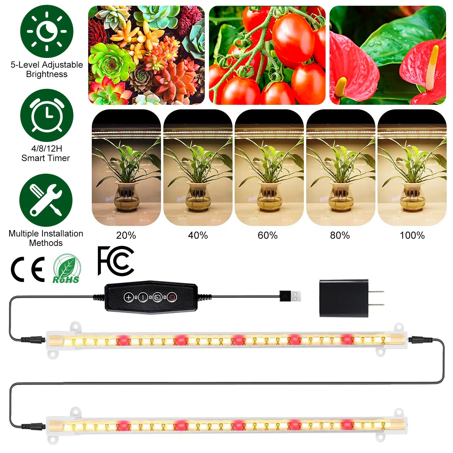 LED Plant Grow Light Strips Full Spectrum Plant Growing Lamp Bar with 2 Strips 60LEDs 4/8/12H Timer 5-Brightness Levels