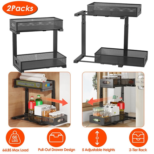 2Pcs Under Sink Organizer 2 Tier Pull Out Cabinet Baskets Storage Shelf Sliding Storage Drawers Rack with 5 Adjustable Height Mesh Baskets for Home Ki