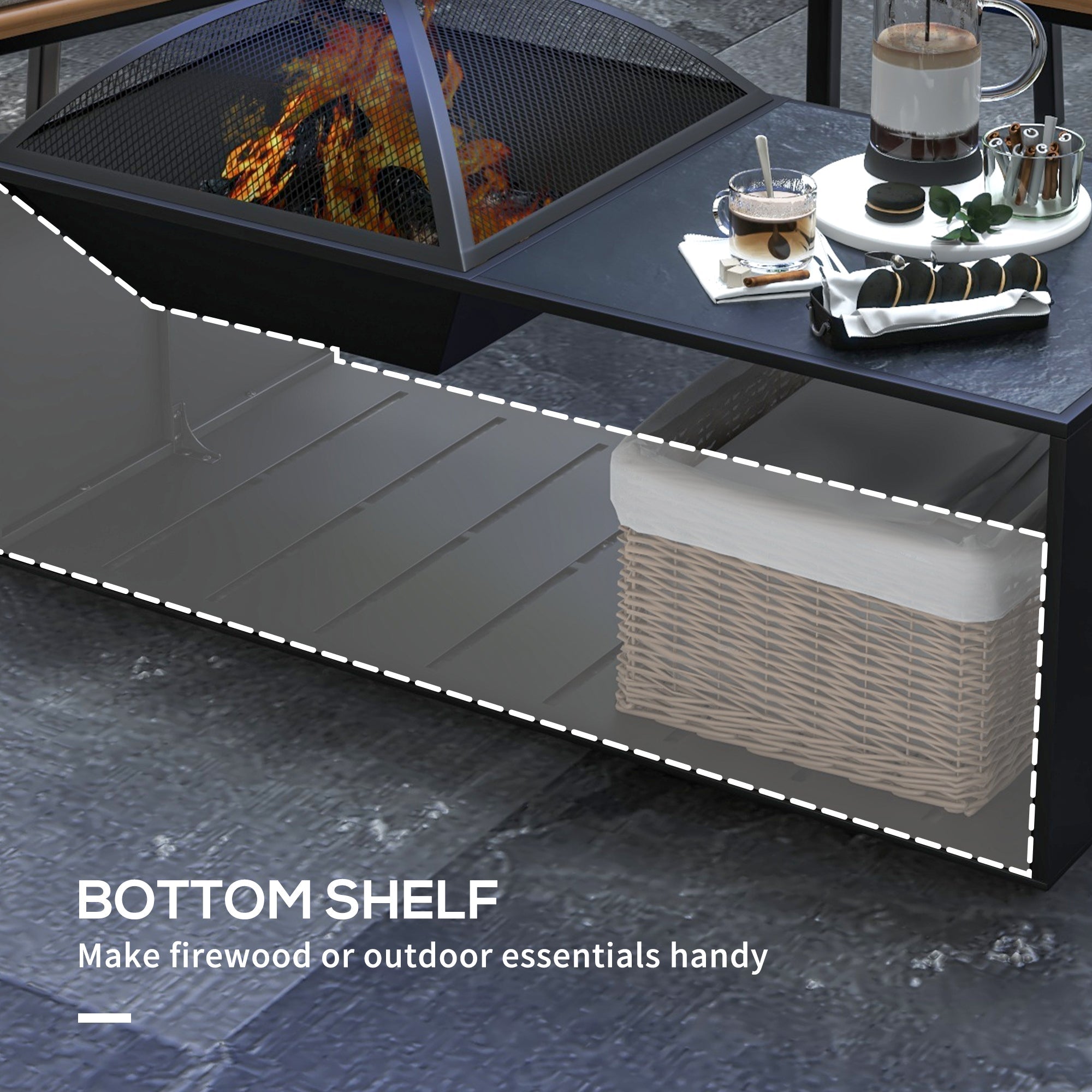 Outsunny Fire Pit Coffee Table with Storage Shelf, Wood-burning Firepit with Spark Screen and Poker, Black