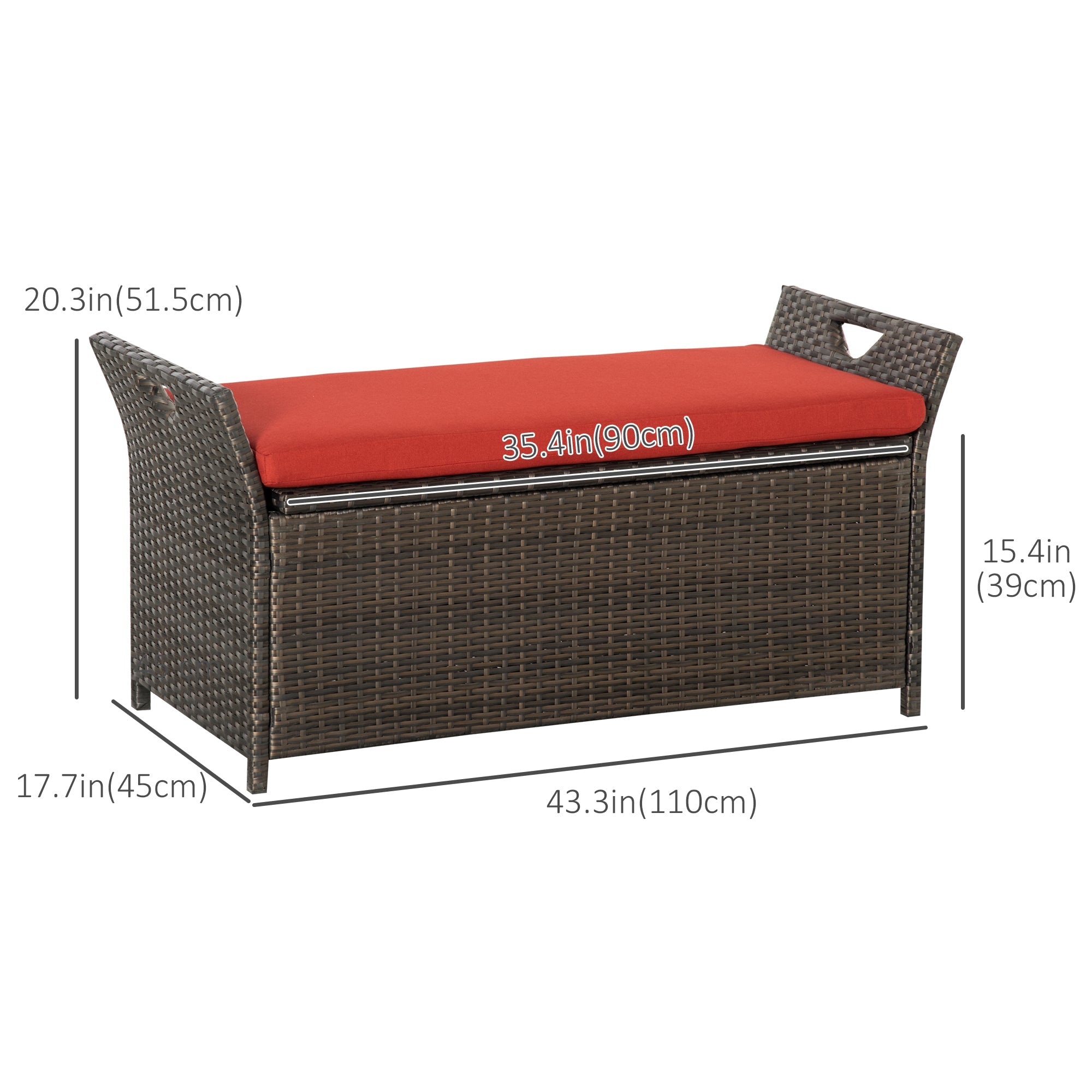 Outsunny 2-In-1 Outdoor PE Rattan Storage Bench, 27 Gallon Patio Wicker Furniture, Basket Box with Handles and Cushion Red