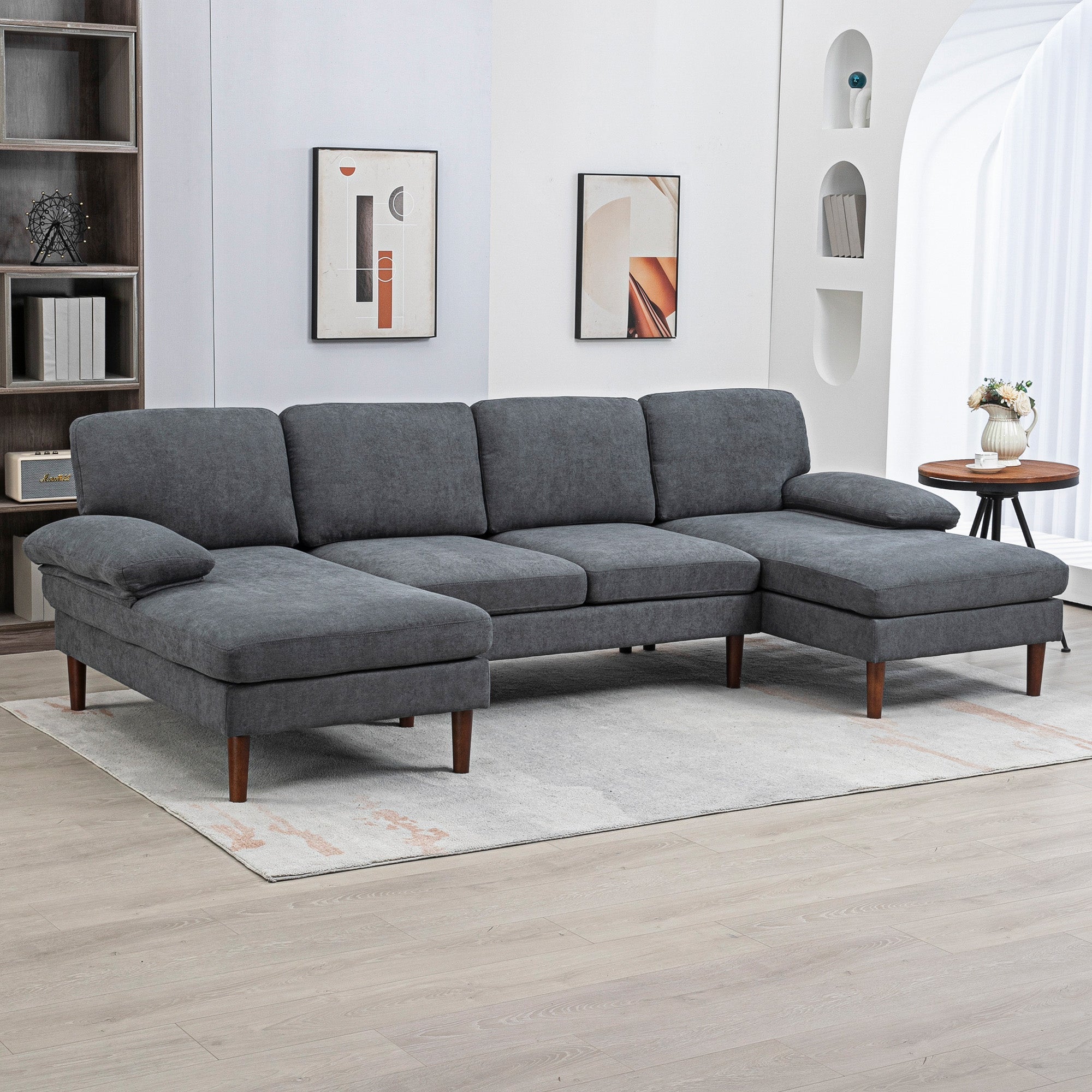 HOMCOM U-Shaped Dark Grey Couch - Contemporary 4-Seater Sofa with Double Chaise Lounge & Wooden Legs for Spacious Living Areas