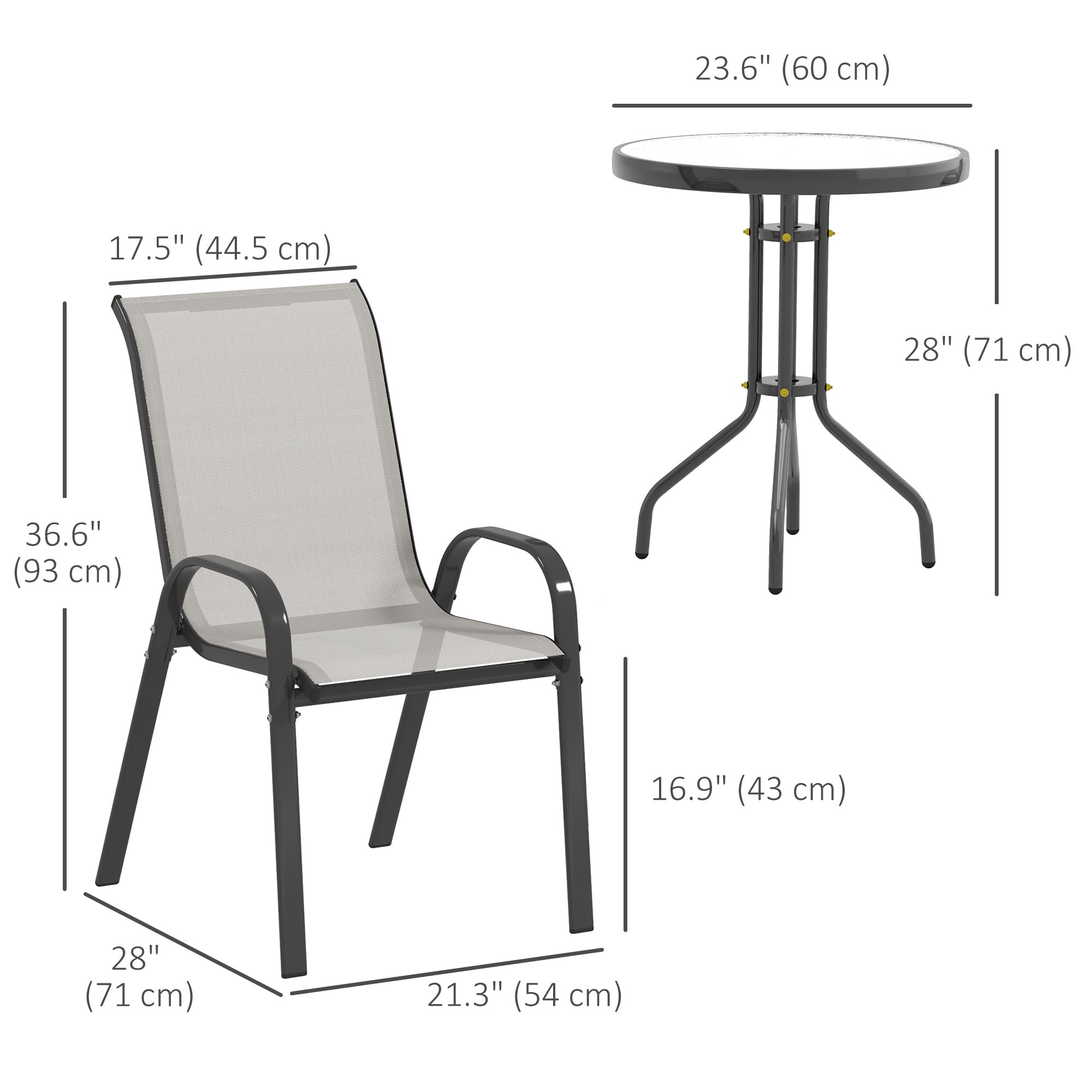 Outsunny 3 Pieces Bistro Set, Small Patio Furniture Set with Stackable Mesh Chairs, Glass Table for Garden, Balcony, Light Grey