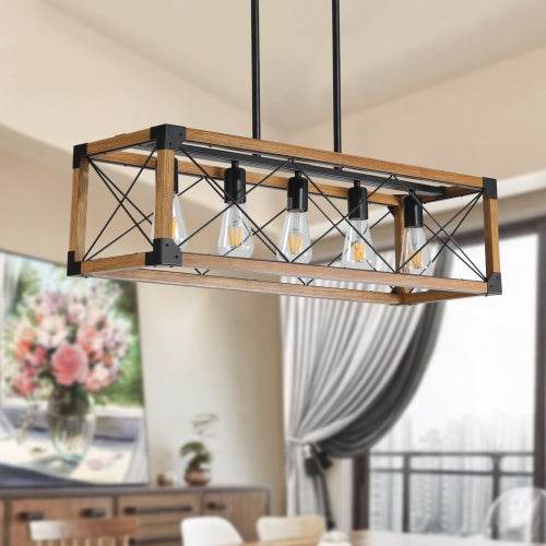 5 Lights Vintage Farmhouse Chandelier For Kitchen, Living Room, Dining Room Walnut - No Bulbs