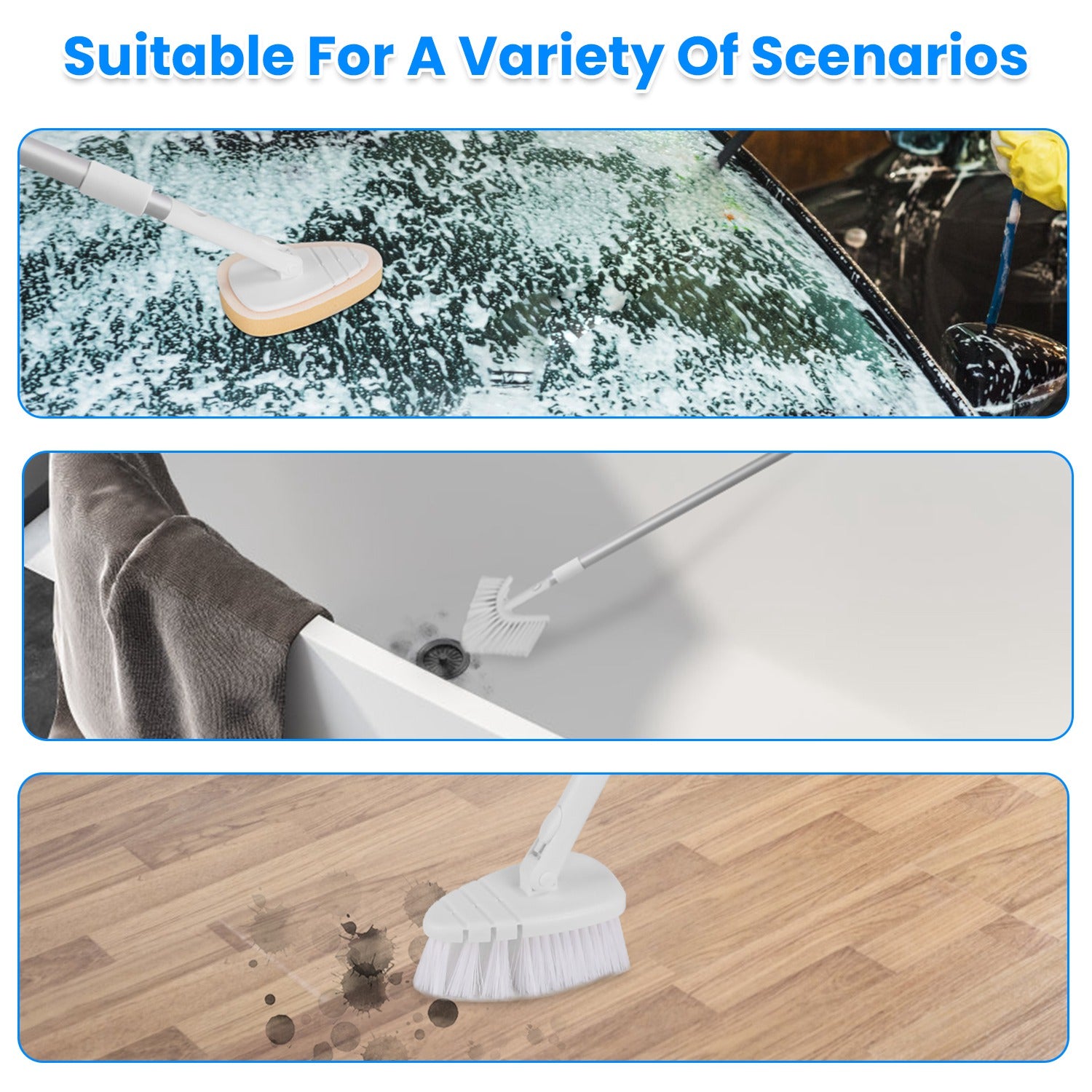 3 in 1 Tub And Tile Scrubber Cleaning Brush With 42.91in Long Handle Length Adjustable Rod Shower Cleaning Brush With Sponge Hard Bristles Gap Brush