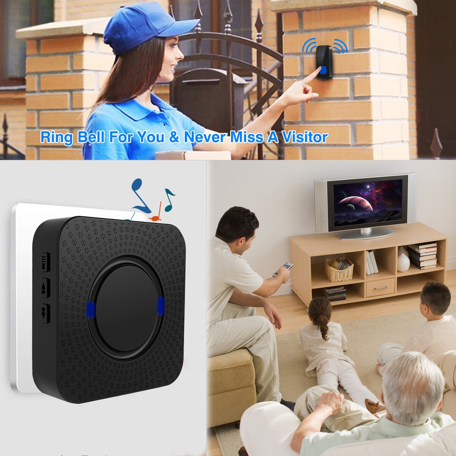 Wireless Doorbells Bells IP55 Waterproof 984ft Cordless Doorbell Chimes 55 Chimes W/ 2 Plug Receivers for Office Apartment House