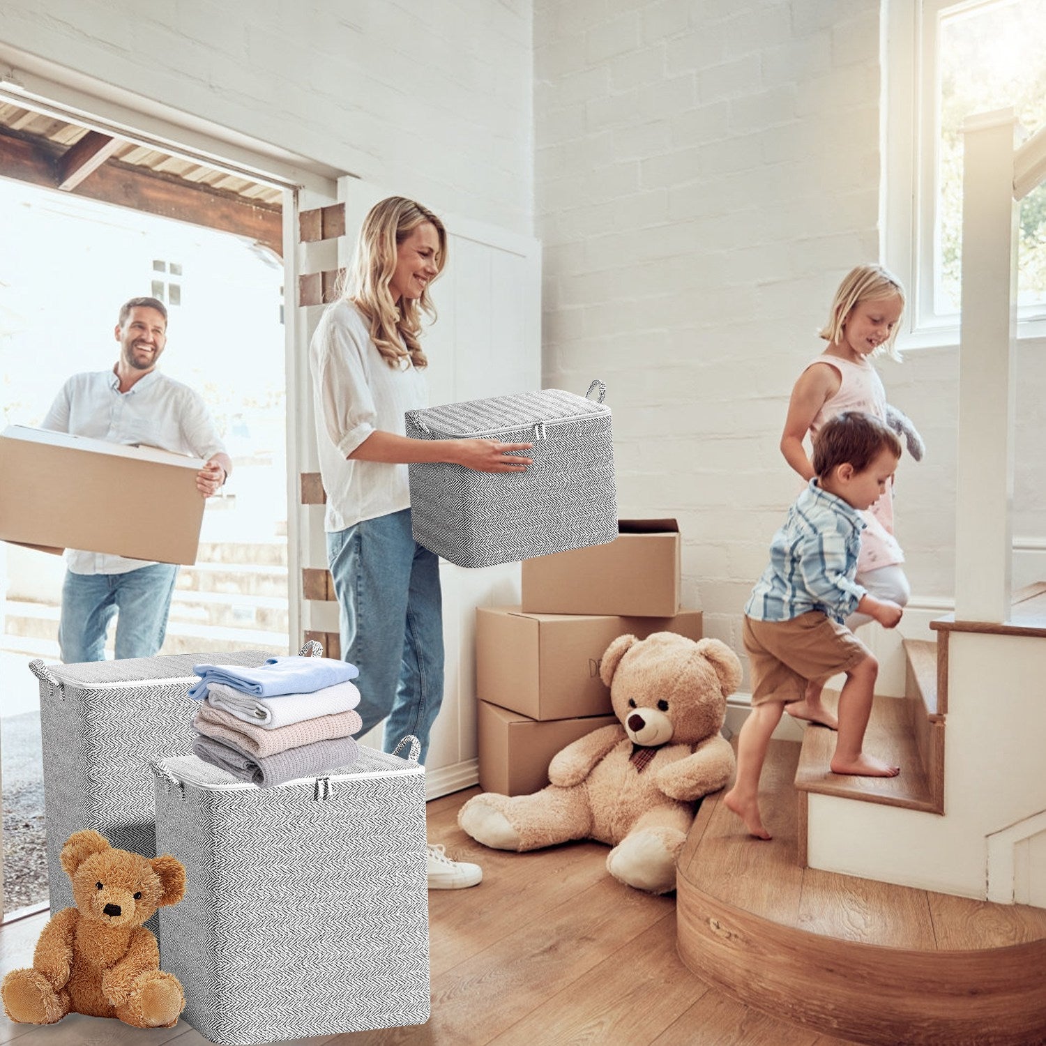 4 Pack Foldable Non Woven Storage Bags Closet Organizers Wardrobe Sorting Baskets with 2 Handles Dustproof Lid Zipper for Clothes Quilt 30L 110L 150L