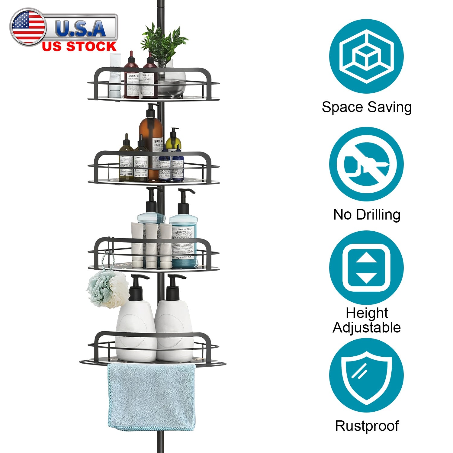 Rust-Resistant Corner Shower Caddy For Bathroom 4 Height Adjustable Shelves With Tension Pole Towel Bar Hanging Hook Floor Standing Bath Storage Rack