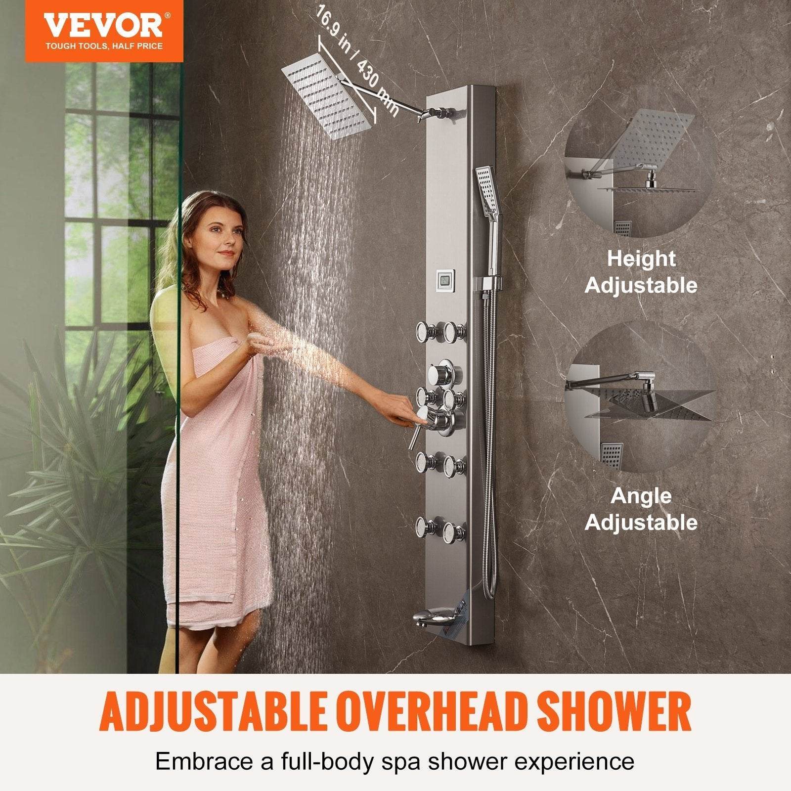 Shower Panel System, 5 Shower Modes, Digital Display Shower Panel Tower, Rainfall, 8 Massage Jets, Tub Spout, 3-Setting Handheld Shower Head 59 Hose, Stainless Steel Wall-Mounted Shower Set