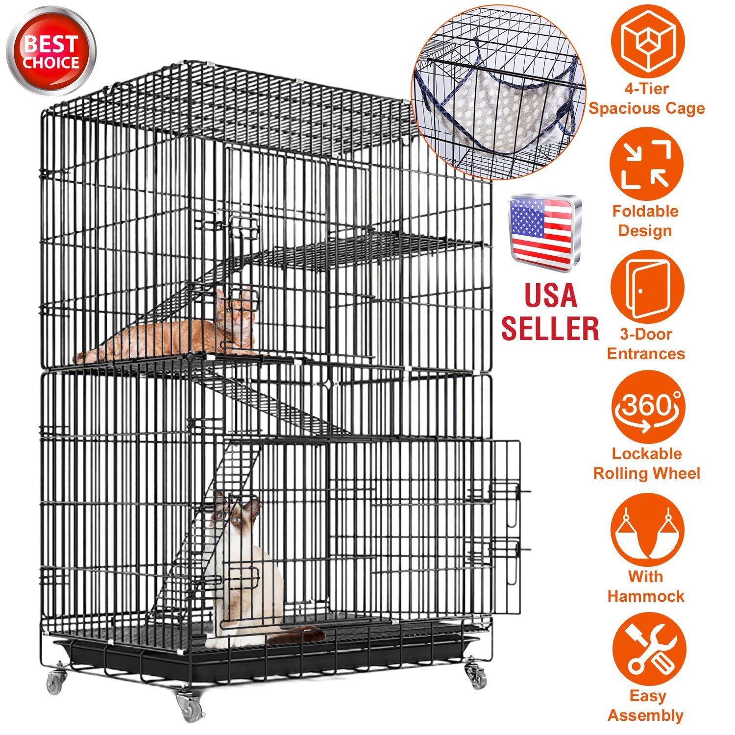 4 Tiers Cat Cage Rolling Metal Cat Playpen Enclosures Cat Kennel House Ferret Crate with 360° Lockable Wheels 3 Doors 3 Ladders Hammock