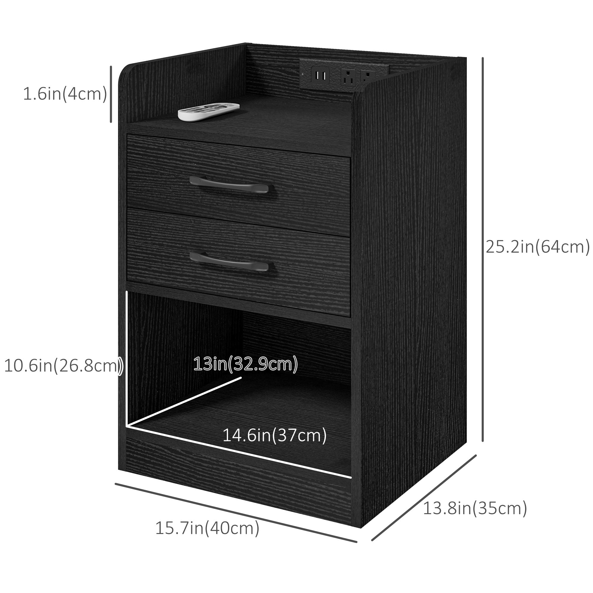 HOMCOM Charging Nightstand: LED Lights, AC Outlets, USB Ports, 2 Drawers, Shelf, Modern Bedroom Furniture, Black
