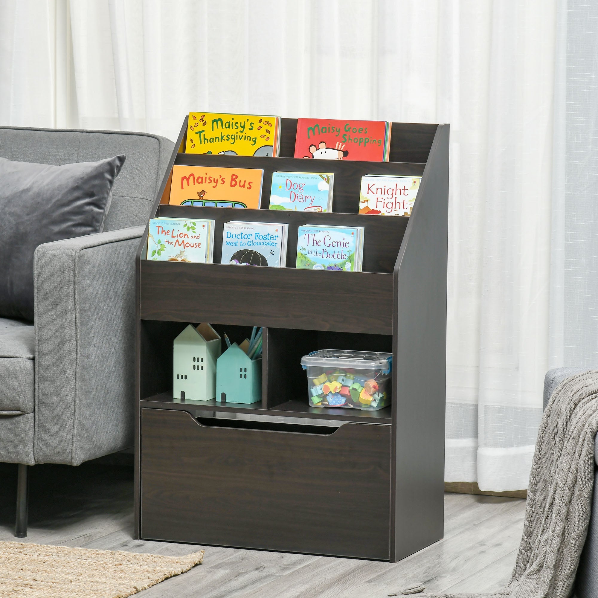 HOMCOM Kids Bookcase Multi Shelf Rack Organizer Storage Drawer Reading Nook Classroom Bedroom Playroom Brown