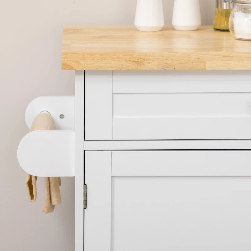 Kitchen Island with Storage, Rolling Cart Trolley with Rubberwood Top, Adjustable Shelf, Drawer, Spice Rack, White