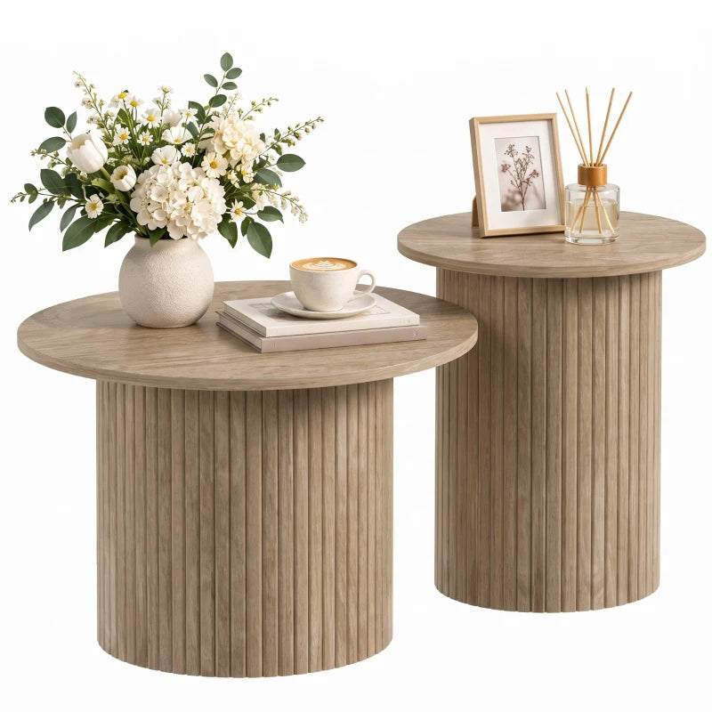 Round Nesting Coffee Table Set of 2 – Fluted Pedestal Tables, Rustic Brown Wood Grain