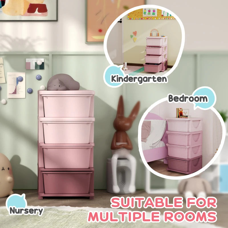 Qaba 4 Tier Kids Toy Organizer and Storage Bins with 4 Plastic Drawers, Pink