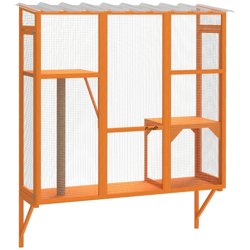 Wooden Catio Outdoor, Cat Window Box Enclosure for 2-3 Large Cats with 2 Jumping Platforms & Scratching Post, Orange