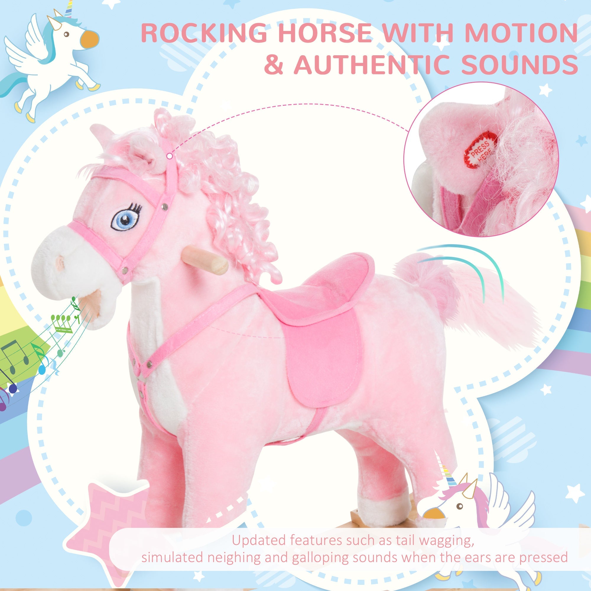 Qaba Kids Plush Rocking Horse Poney Child Ride On Toy Rocker w/ Realistic Sounds Pink