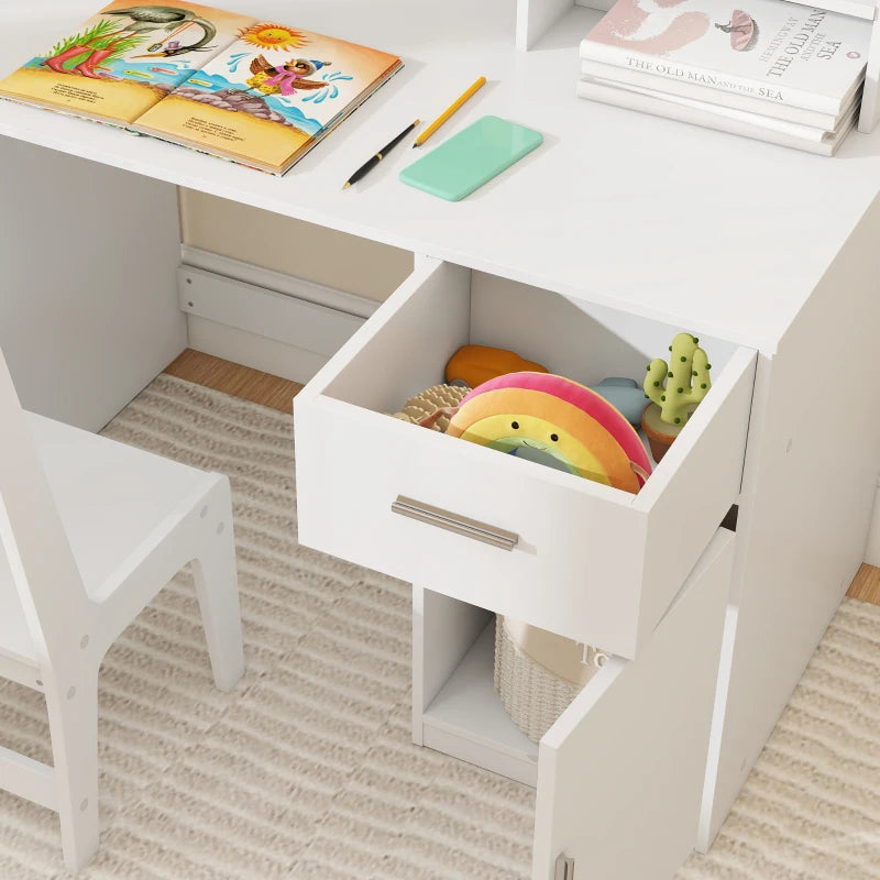 Qaba Kids Desk and Chair Set, Kids Study Table and Chair Set with Storage Hutch, Drawer, Cabinet, Compartments, Cork Board