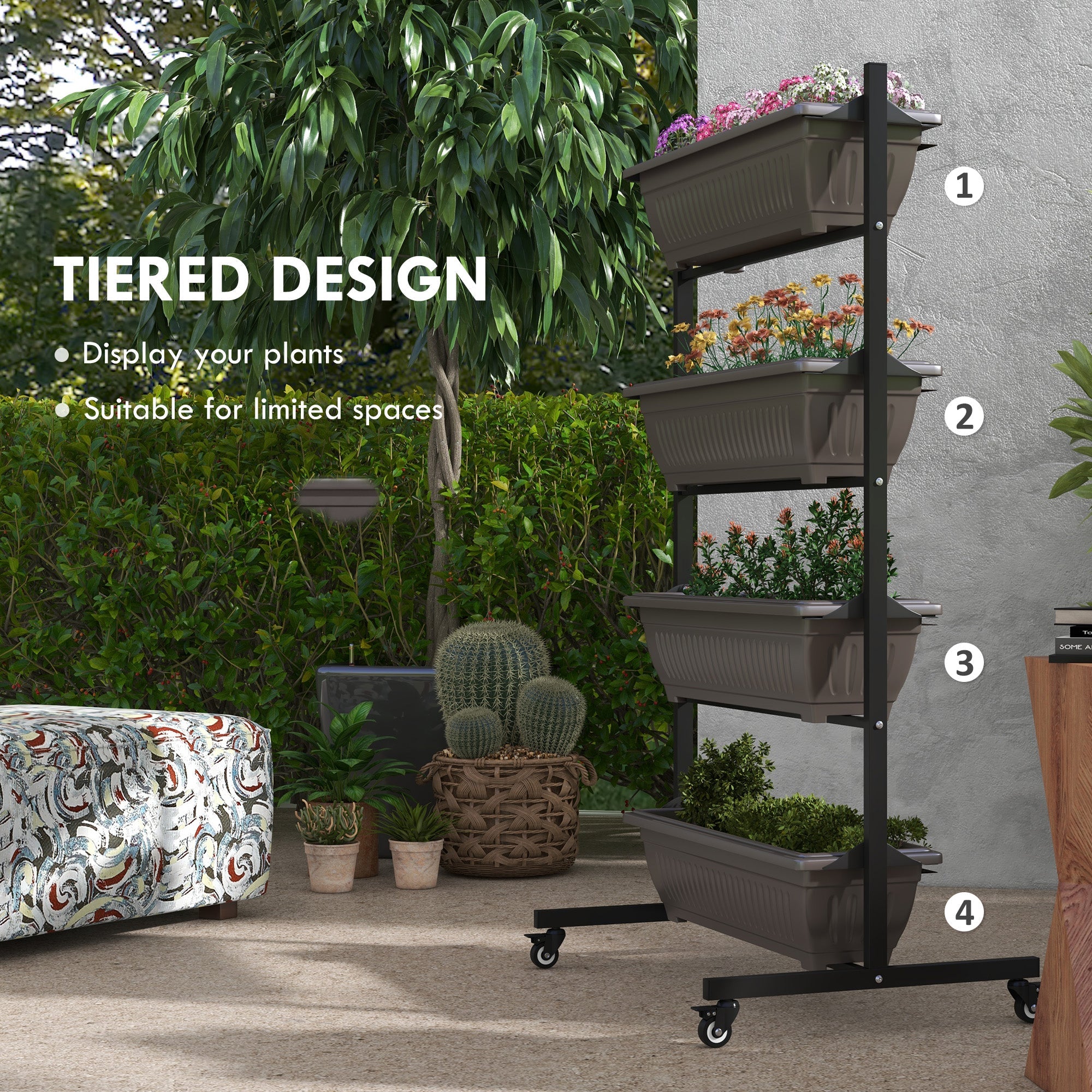 Outsunny 4-Tier Vertical Garden Planter with Wheels 4 Boxes Outdoor Plant Stand for Vegetables Flowers Brown