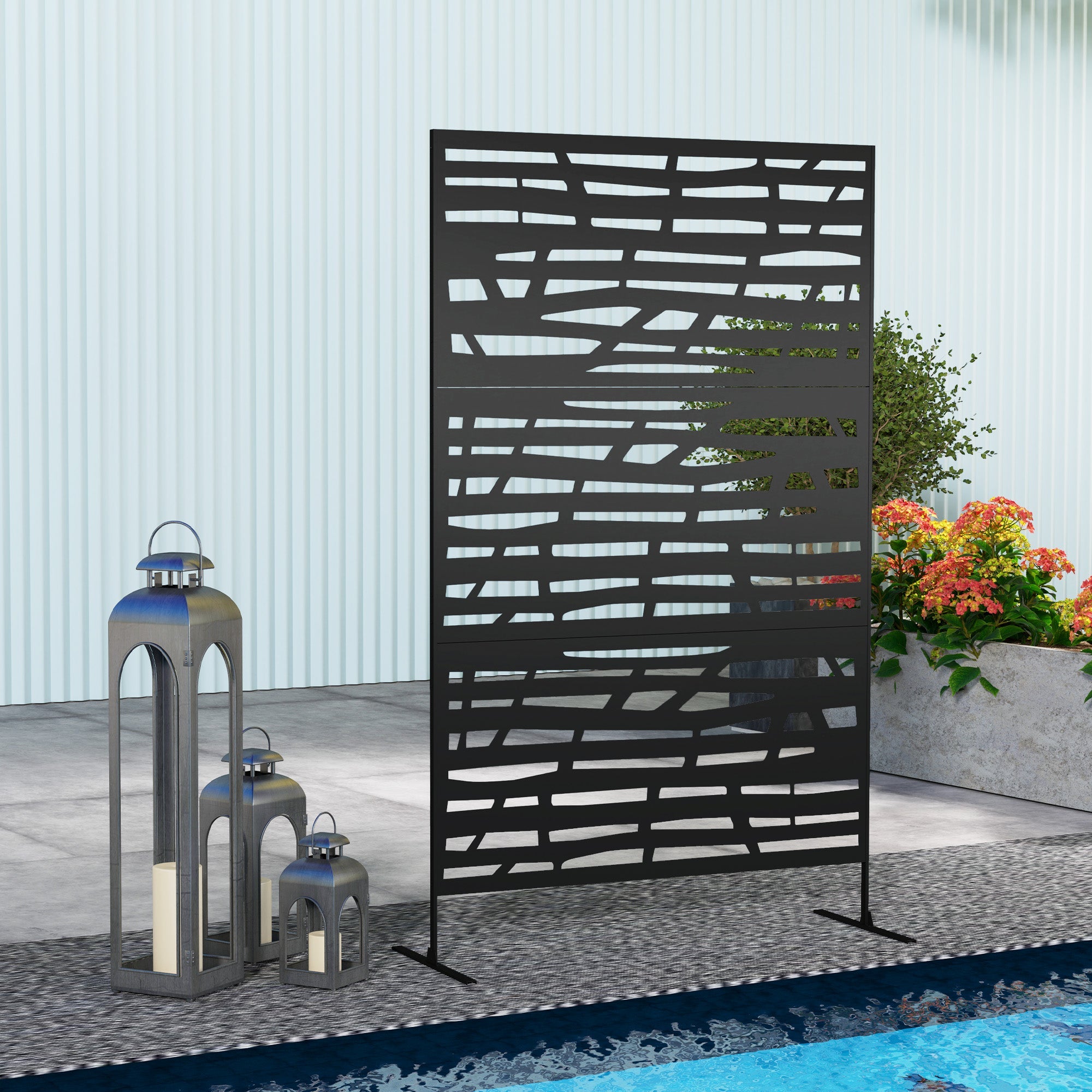 Outsunny Decorative Outdoor Privacy Panel with Stand, Freestanding Metal Outdoor Divider for Garden, Backyard, Deck, Black