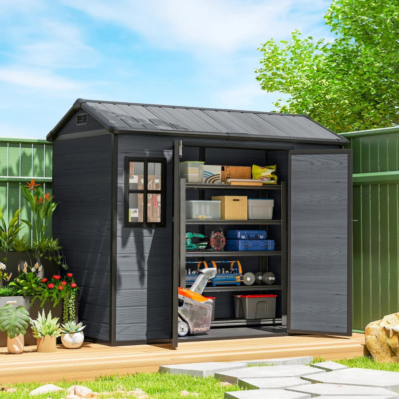 8 x 4 ft Resin Garden Shed, Wood-Effect Outdoor Storage Shed with Floor, Windows, Lockable Doors and Vents, Dark Grey