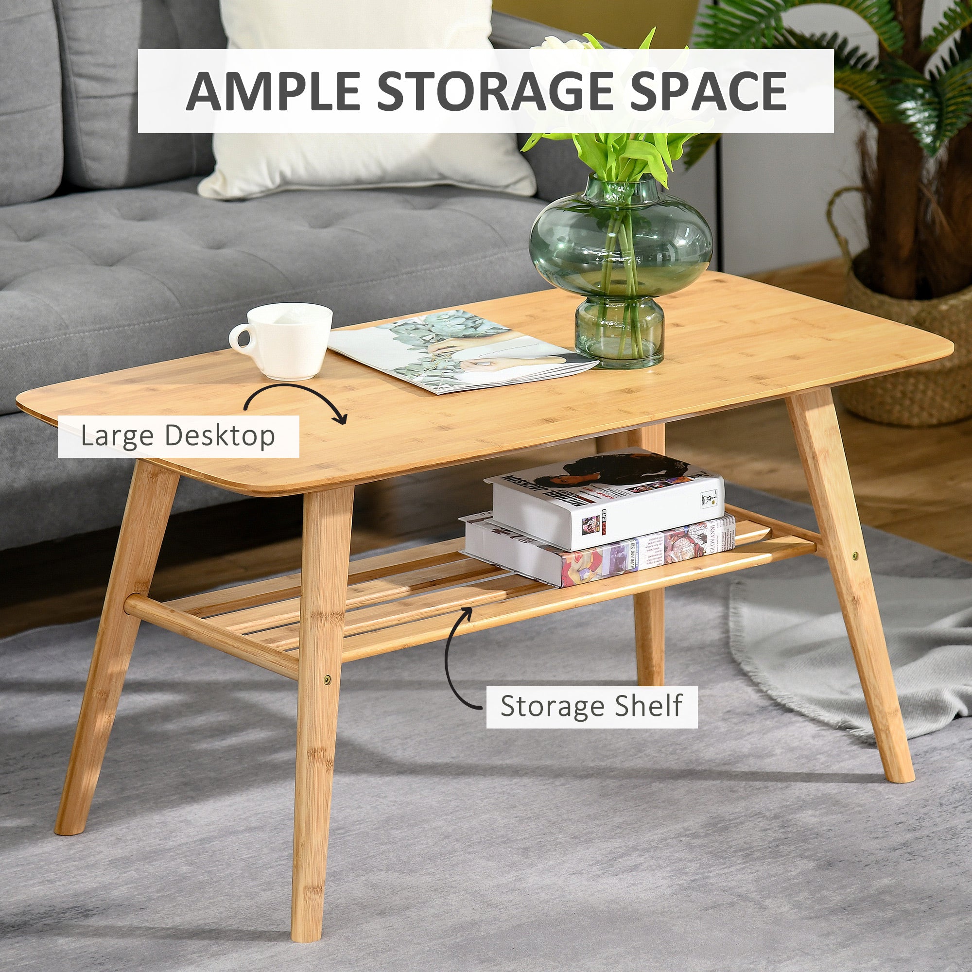 HOMCOM Bamboo 2-Tier Coffee Table: Rectangle Cocktail Table with Storage Shelf for Living Room