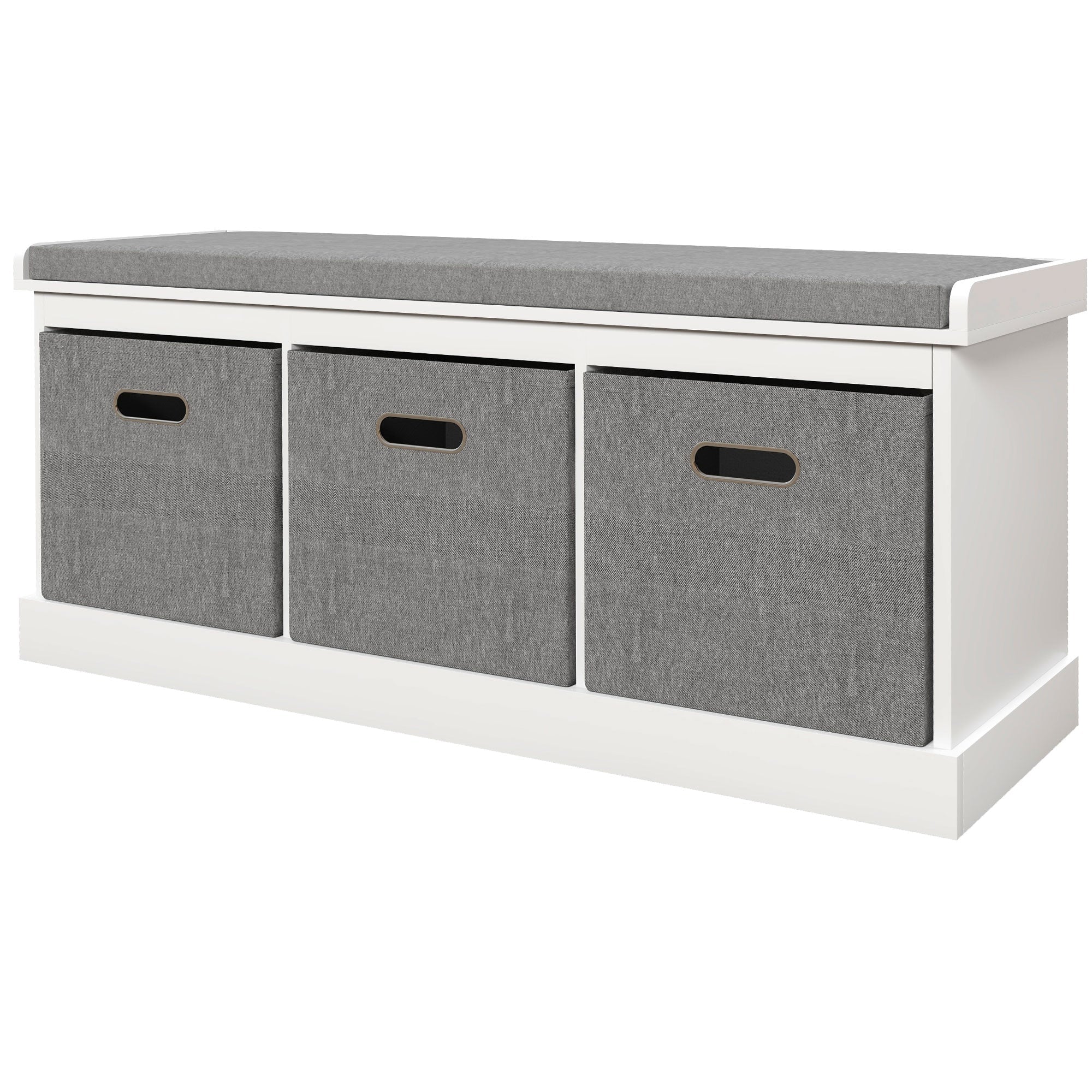HOMCOM Shoe Storage Entryway Bench Seat with Cushion 3 Fabric Drawers for Hallway White