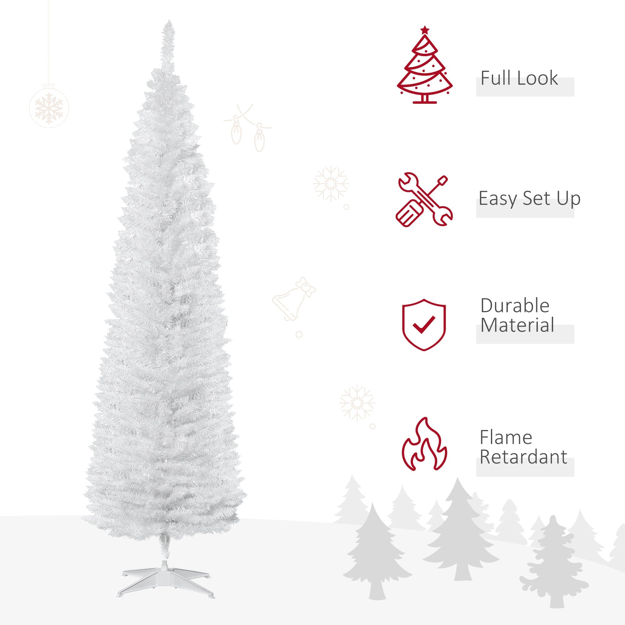 HOMCOM 7' Pencil Christmas Tree, Slim Artificial Xmas Tree with Realistic Branches, Sturdy Metal Stand, White