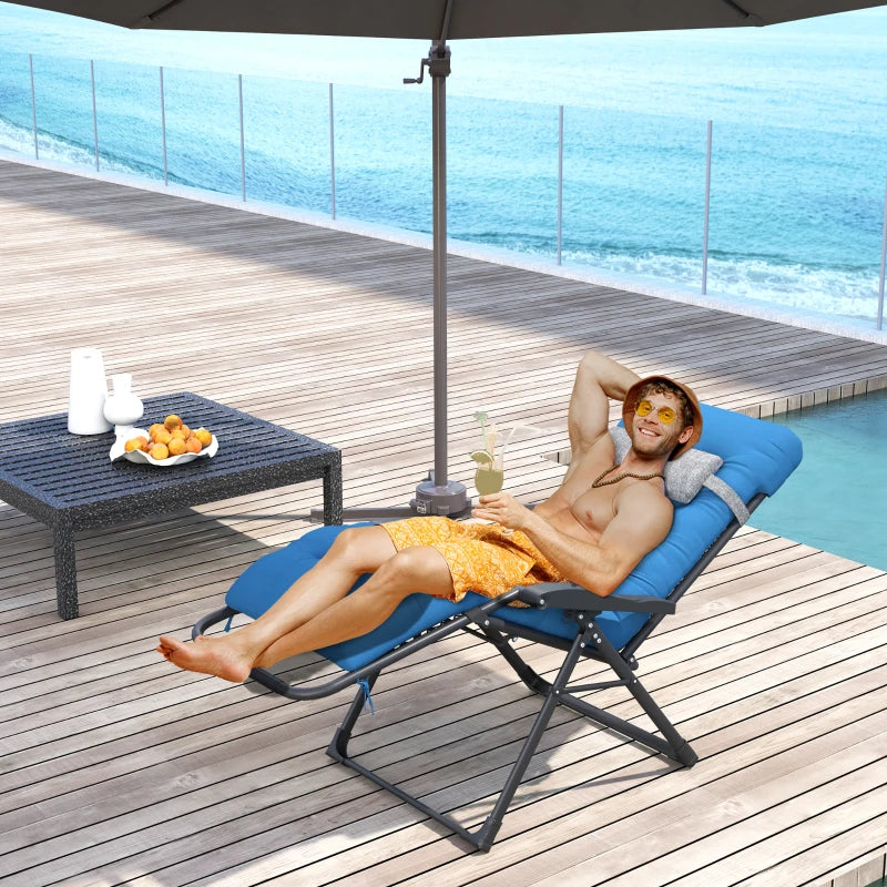 Padded Folding Recliner Chair, Patio Lounger with Cupholder, Adjustable Backrest, Removable Cushion, Navy Blue