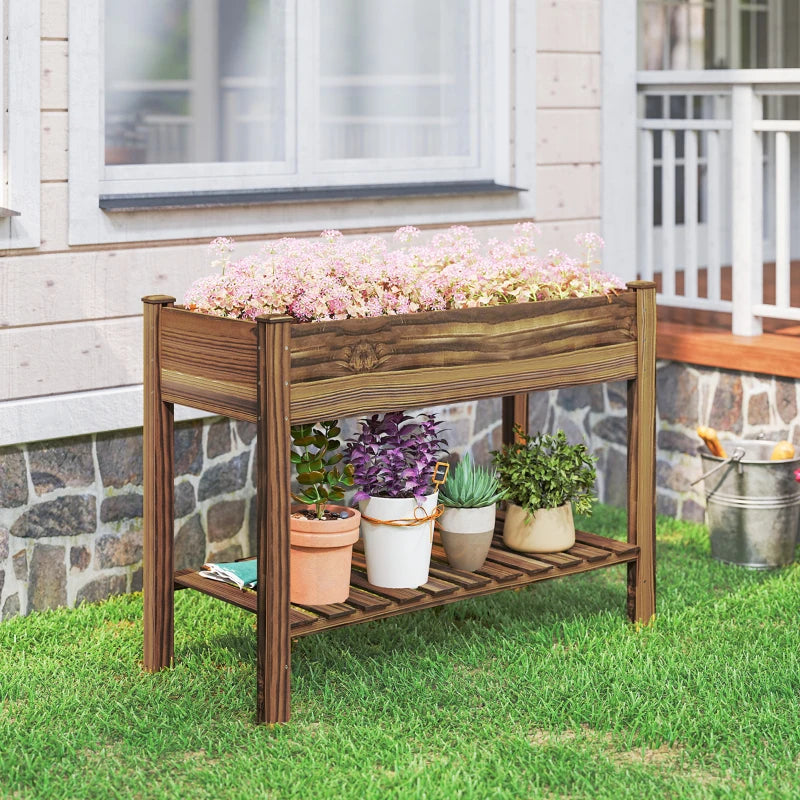 Elevated Planter Box w/ Legs and Storage Shelf, Raised Garden Bed, Elevated Wooden Planter Box, Carbonized