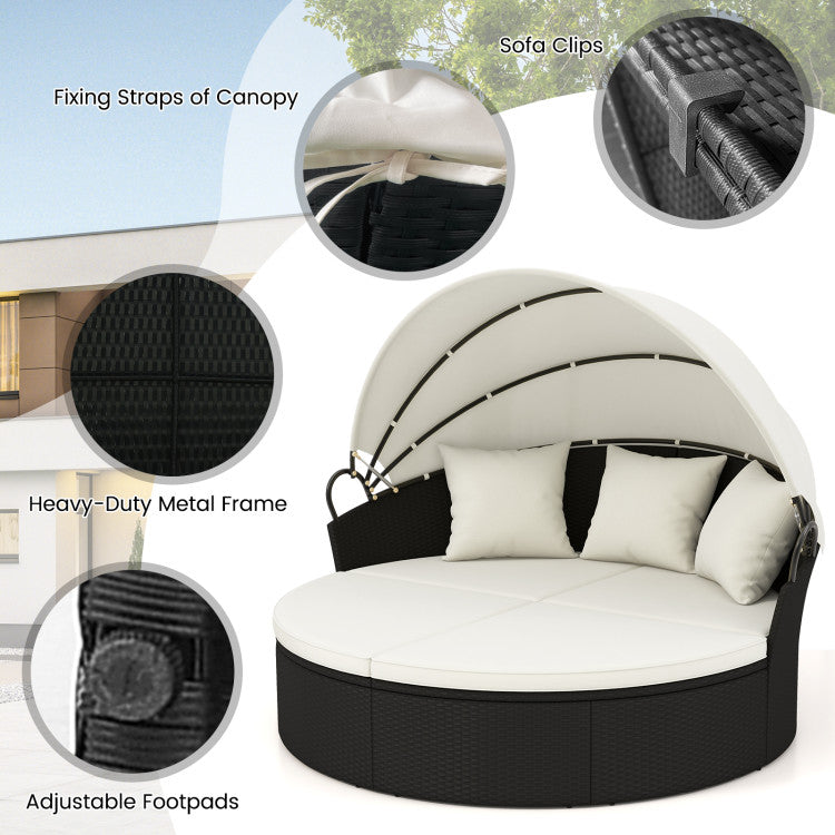 Clamshell Patio Round Daybed with Retractable Canopy, Cushions & Throw Pillows