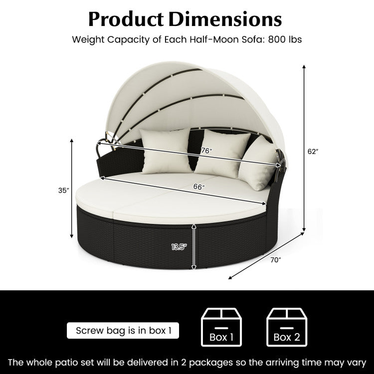 Clamshell Patio Round Daybed with Retractable Canopy, Cushions & Throw Pillows