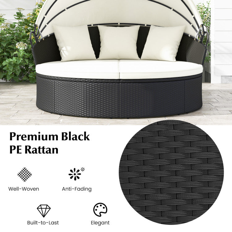 Clamshell Patio Round Daybed with Retractable Canopy, Cushions & Throw Pillows