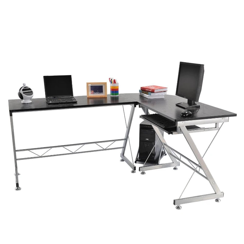 L-Shaped Computer Desk, Corner Table with Keyboard Tray for PC Laptop Desktop, Workstation Stand Home Office Furniture