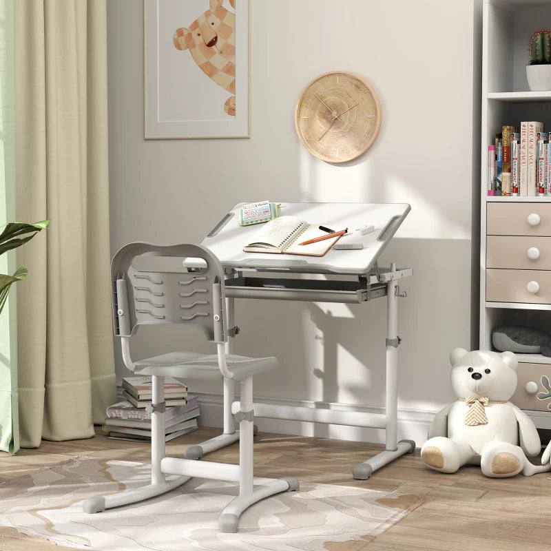 Qaba Height Adjustable Study Table and Chair Set with Drawer, Pen Slot, Tiltable Desktop, Hook, Grey