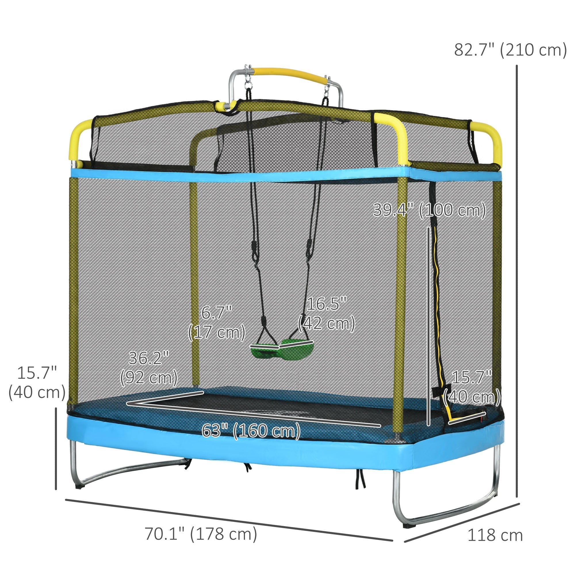 Qaba 6.9FT Kids Trampoline with Safety Net, Gymnastics Bar, Swing, Toddler Trampoline for 3+ Years Old Indoor/Outdoor