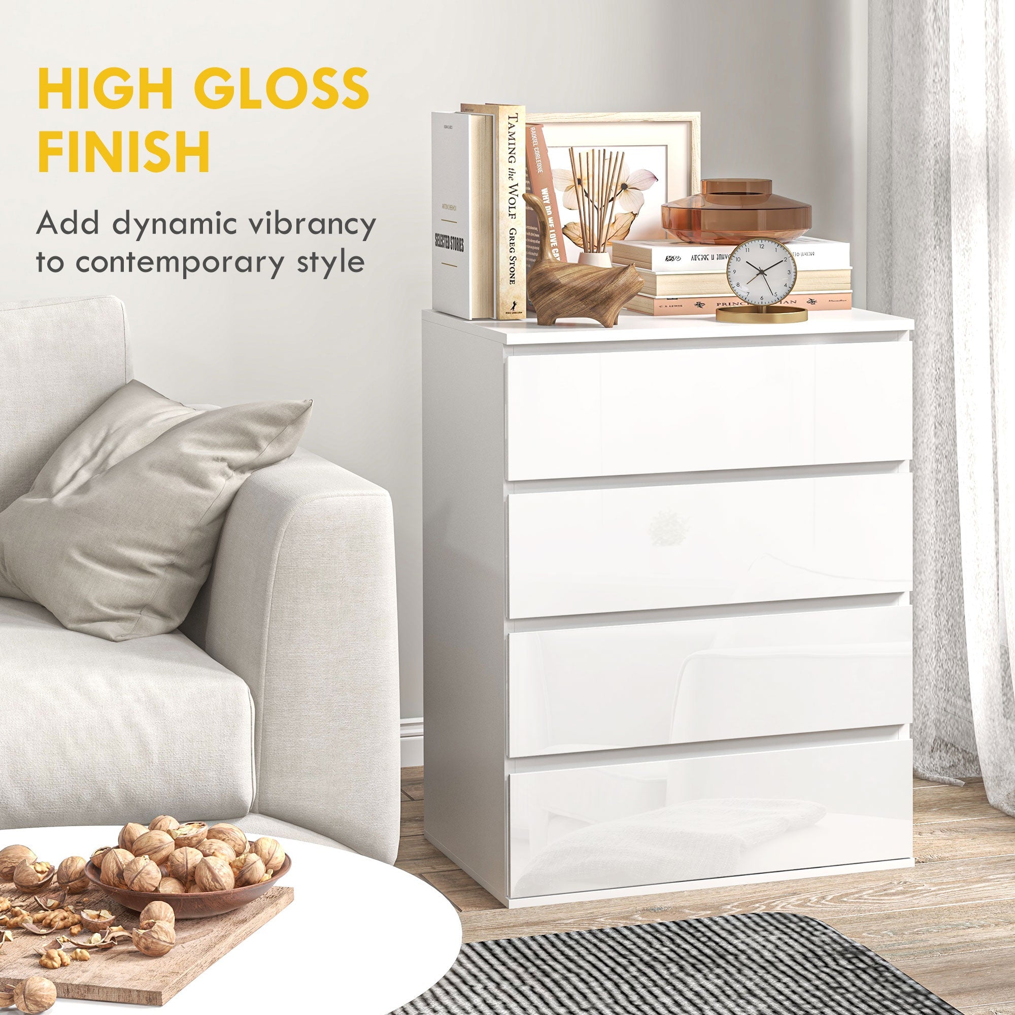 HOMCOM 4 Drawer Cabinet, High Gloss Drawer Chest for Bedroom, Chest of Drawers with Metal Runners and Groove Handles, White