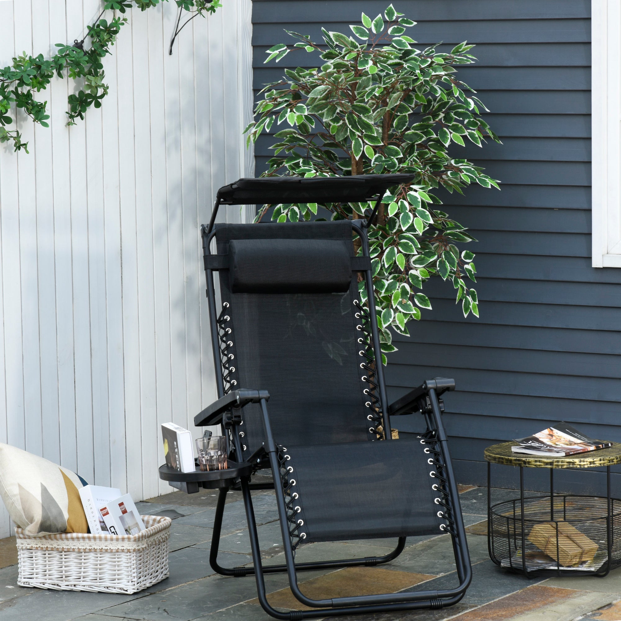 Outsunny Outdoor Zero Gravity Reclining Lounger Chair with Canopy Shade, Side Tray, Cupholder, Black