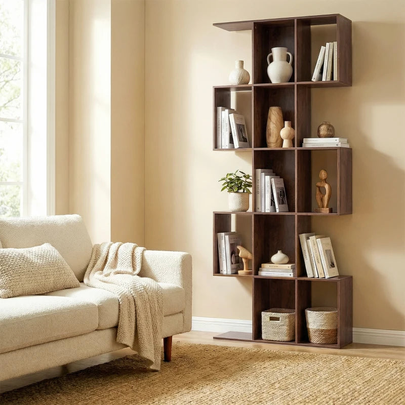 5-Tier Bookshelf, S Shaped Geometric Bookcase with 15 Compartments, Black Wood Grain