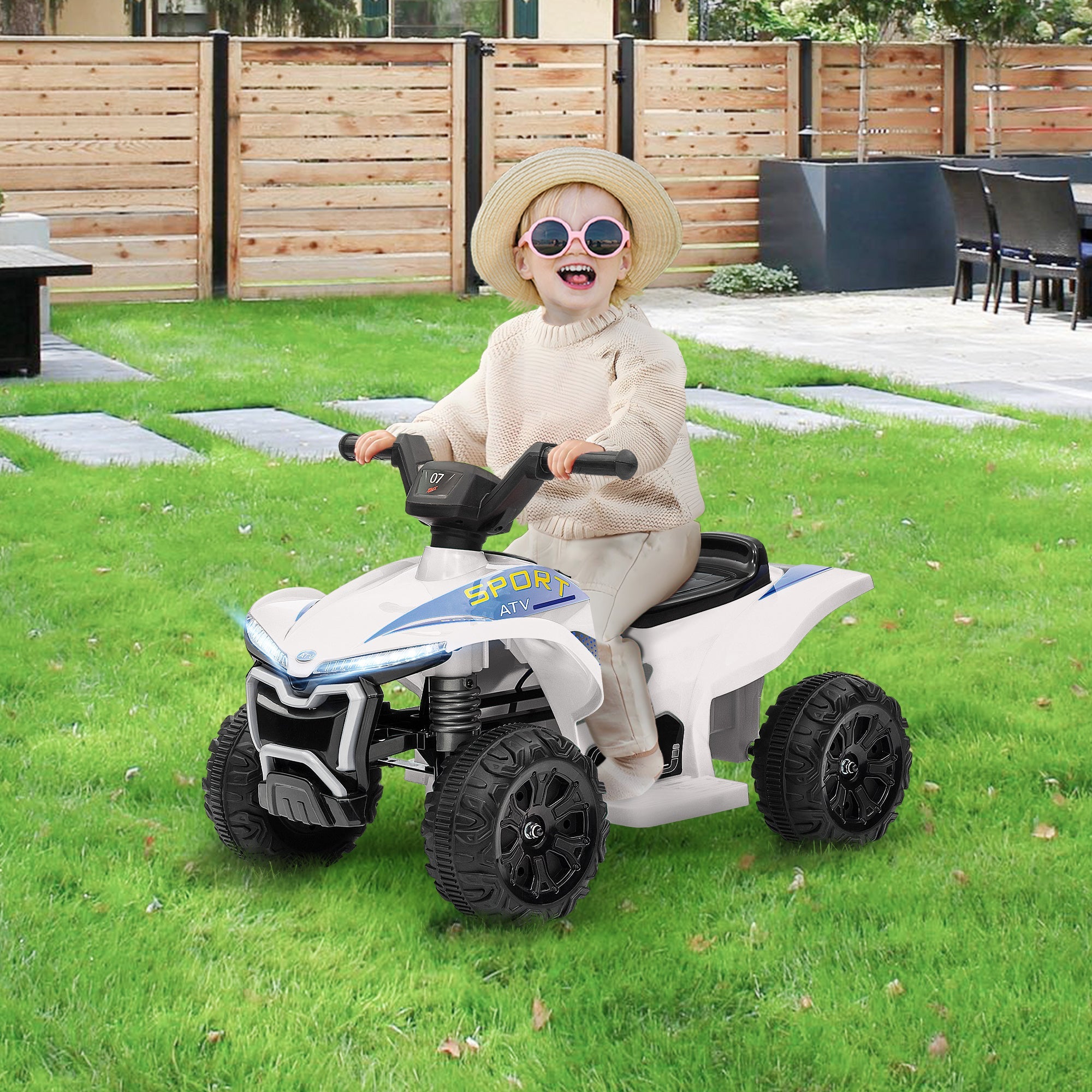 Qaba Kids ATV, 6V Battery Powered Electric Vehicle with Headlights, Forward/Reverse Switch for 18-36 Months, White