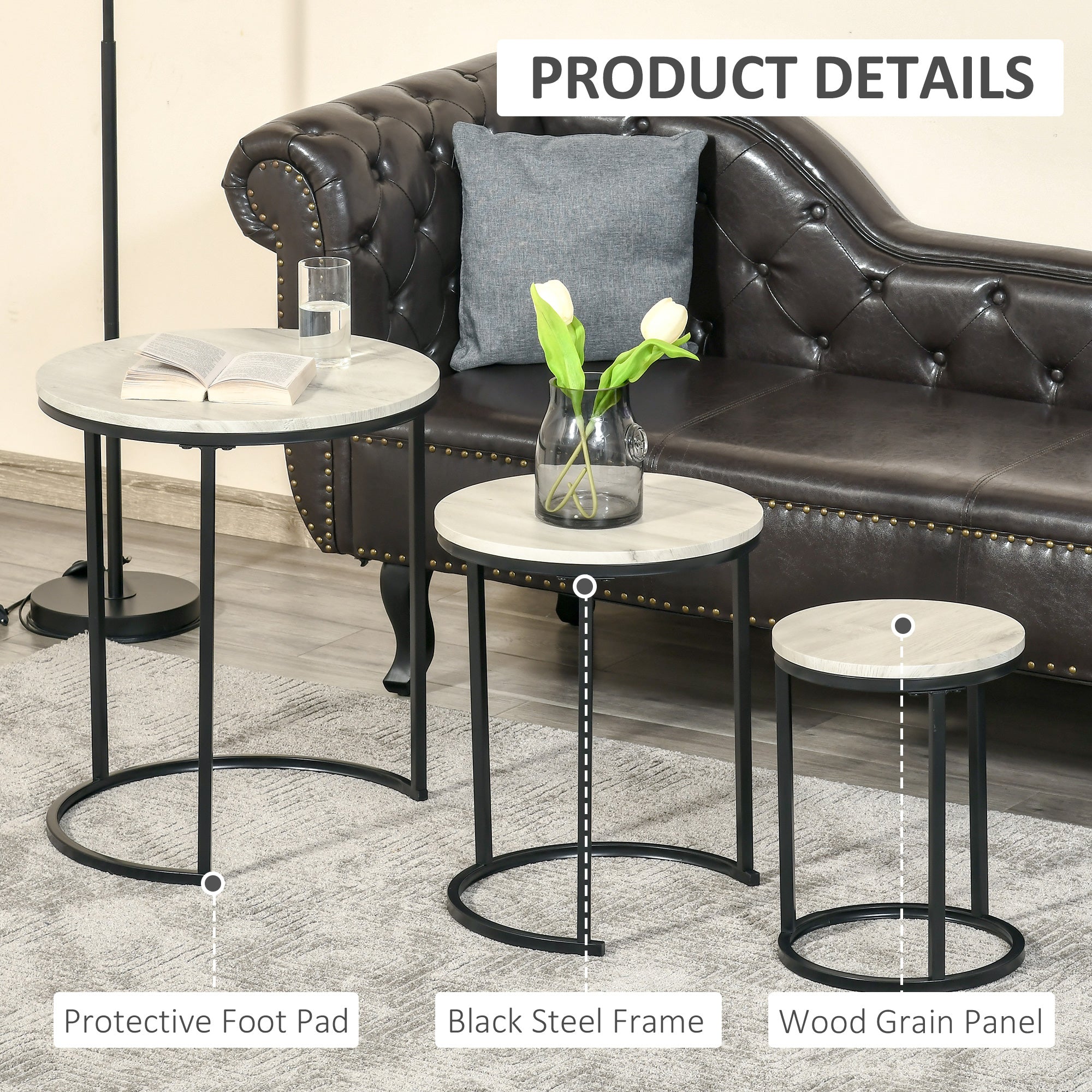 HOMCOM Trendy Nested Coffee Tables: Set of 3 Stacking Side Tables with Woodgrain Steel Frame for Living Room, Chic Grey